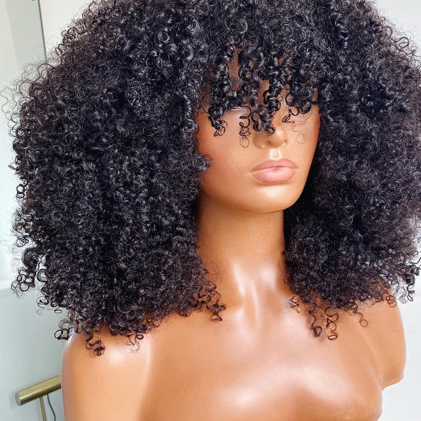 Afro Human Hair Kinky Wig with Bang
