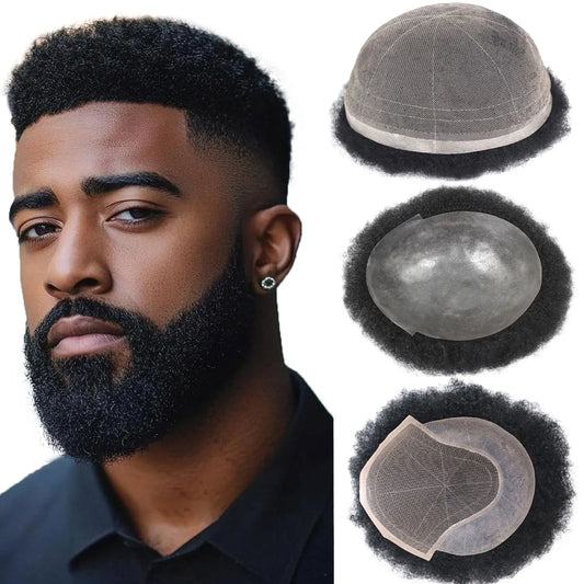 African American Thin Skin Lace Man Hair Wig Natural Toupee Human Hair System Replacement Toupee Afro Curly Hair Toupee for Men